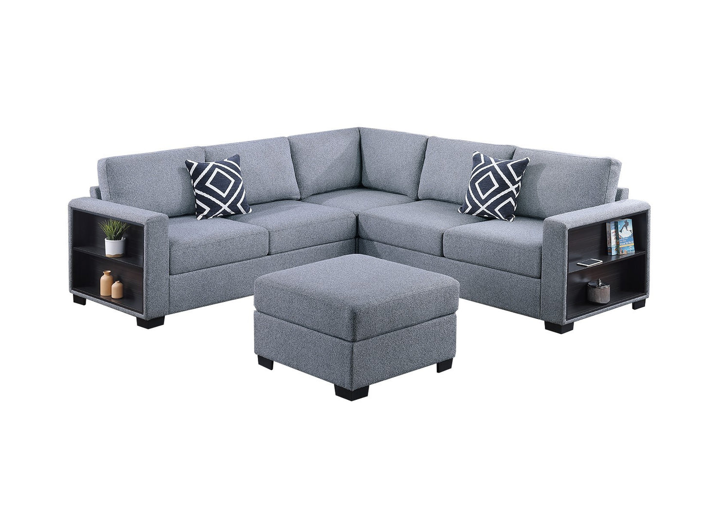 Contemporary Functional Sectional Sofa 4pc Set Gray Boucle Couch Loveseat w Built-in Shelfs Wedge, Ottoman Living Room Furniture L-Shaped Design Couch - detail view 7