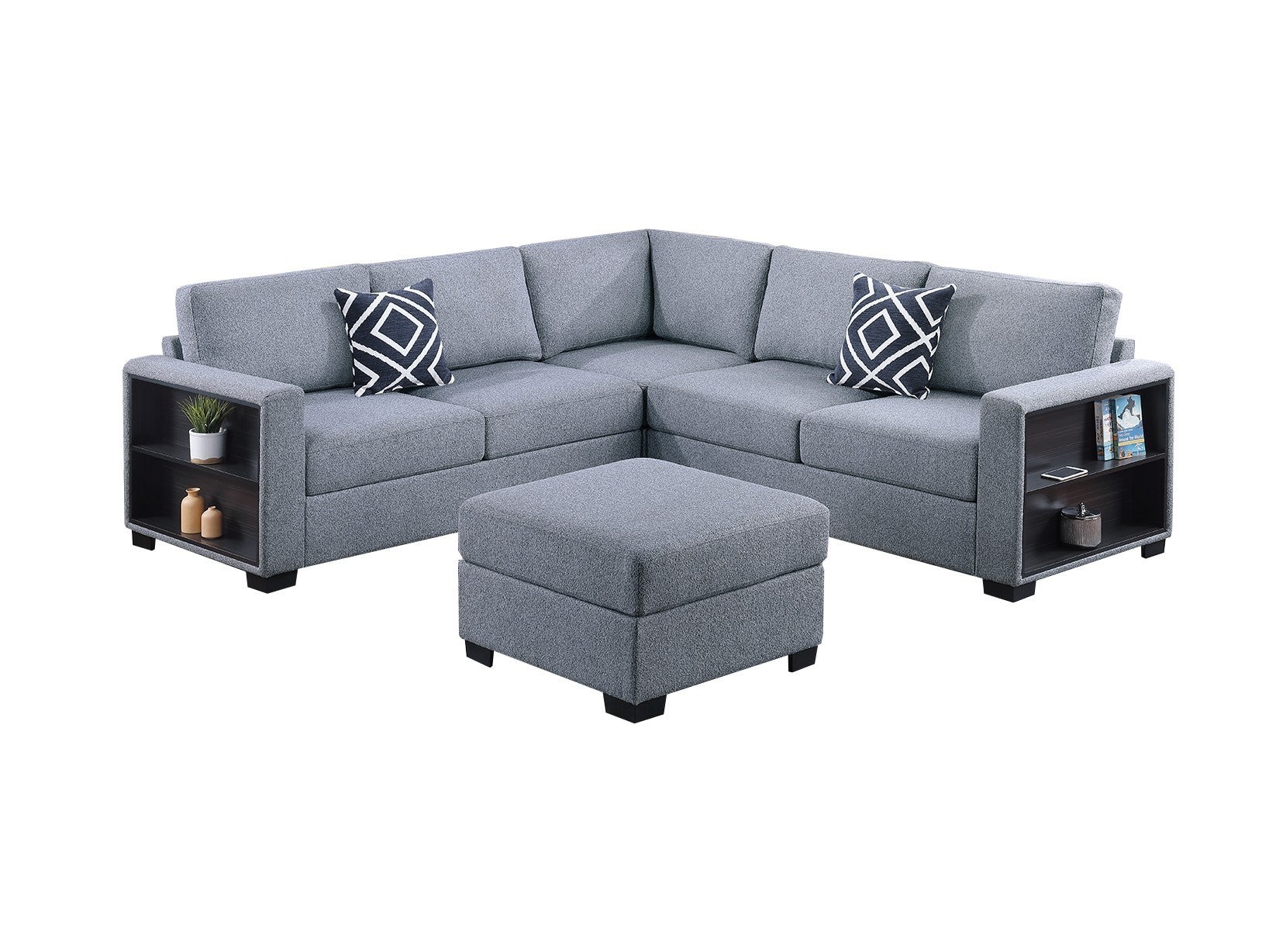 Contemporary Functional Sectional Sofa 4pc Set Gray Boucle Couch Loveseat w Built-in Shelfs Wedge, Ottoman Living Room Furniture L-Shaped Design Couch - detail view 7