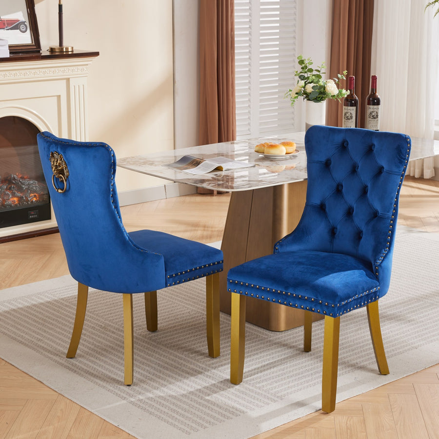 Blue Velvet Tufted Nailhead Trim Dining Chairs with Gold Legs (Set of 2)
