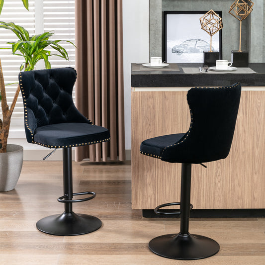 Black Velvet Tufted Bar Stool with Silver Legs (Set of 2)