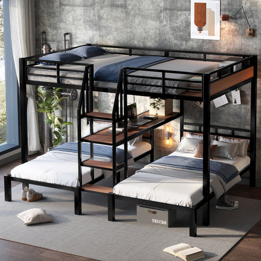 Queen over Twin over Twin Metal Bunk Bed - Black - primary color shot
