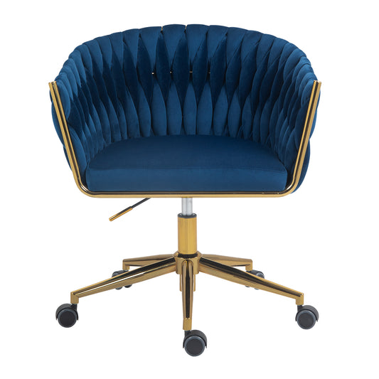 Stylish Blue Hand-Woven Backrest Office Chair with Wheels, Height Adjustable & 360° Swivel