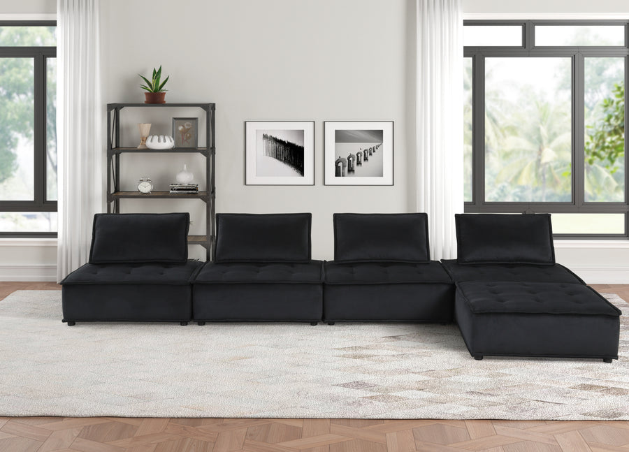 Anna 160' Black Velvet 5 Pc Sectional Sofa Ottoman - primary color shot