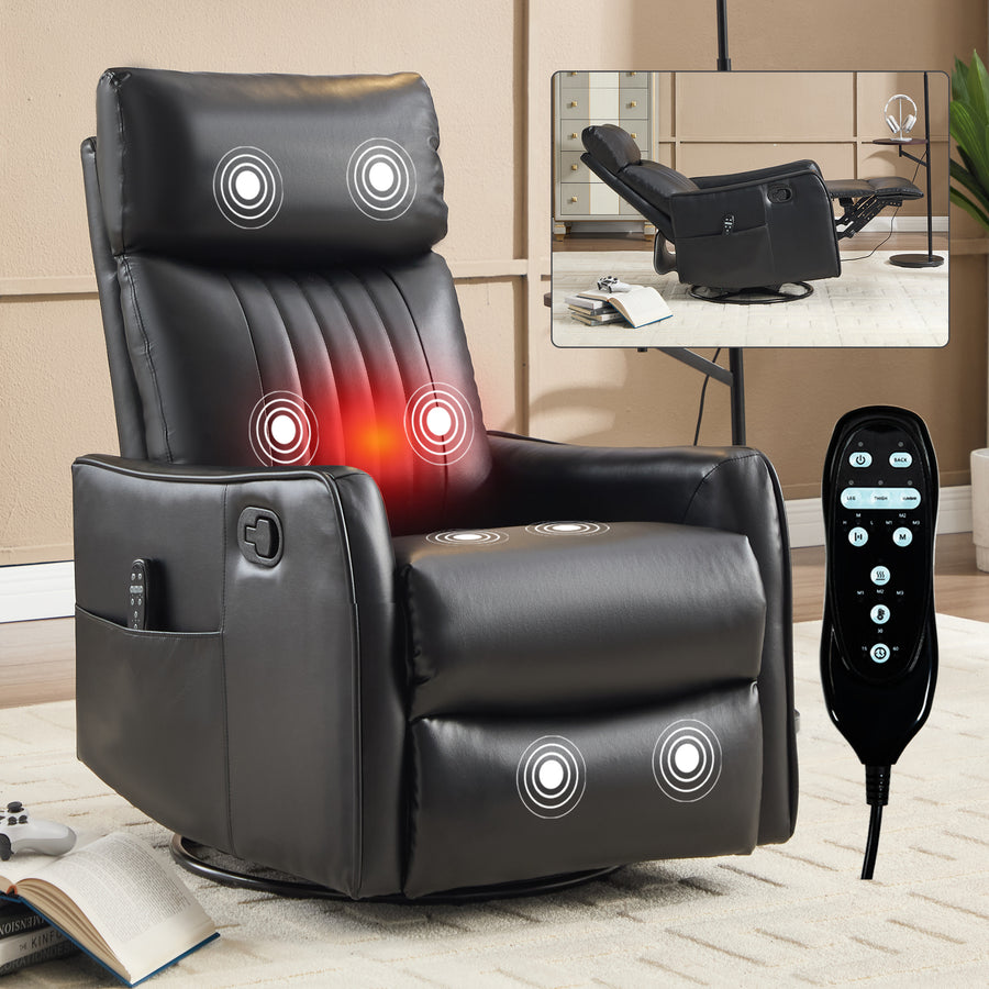 Black Faux Leather Heat Massage Manual Recliner Chair with Rocker and Swivel - primary color shot