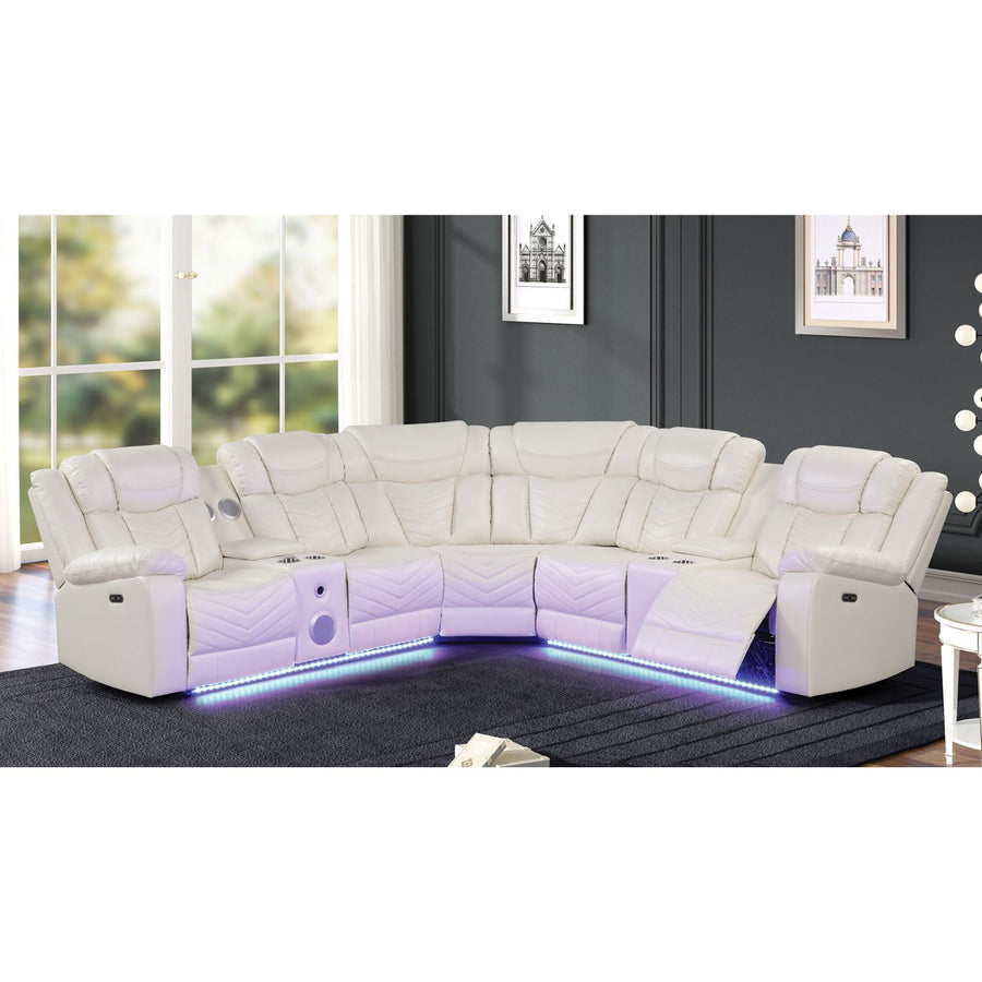Challenger Modern Style Recliner Sectional Sofa, Built in USB-C Ports & Bluetooth, made with Wood & Faux Leather in Ice - primary image