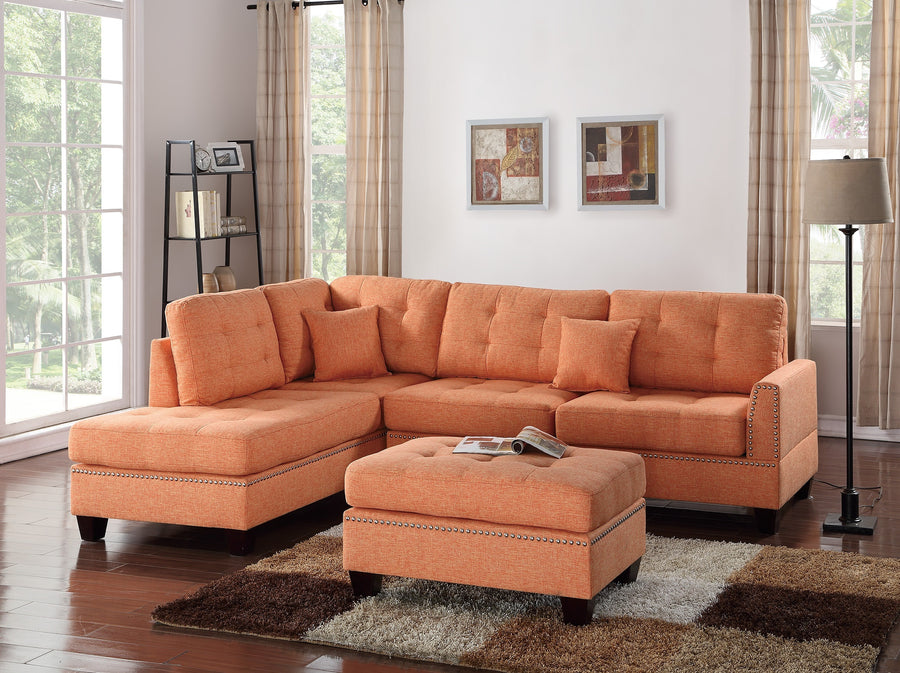 Modern Citrus Color 3pcs Sectional Living Room Furniture Reversible Chaise Sofa And Ottoman Tufted Polyfiber Linen Like Fabric Cushion Couch Pillows - primary color shot