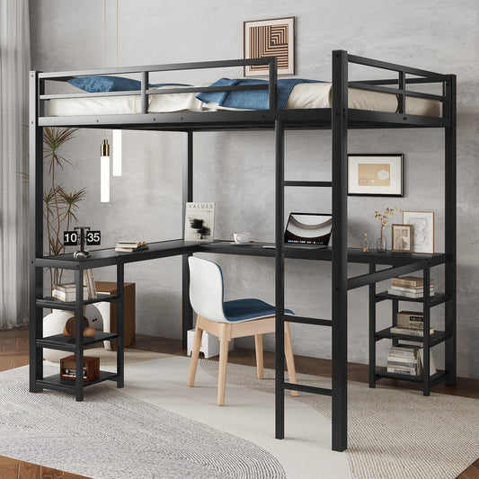 Full Metal Loft Bed with Desk and Shelves - Black - primary color shot