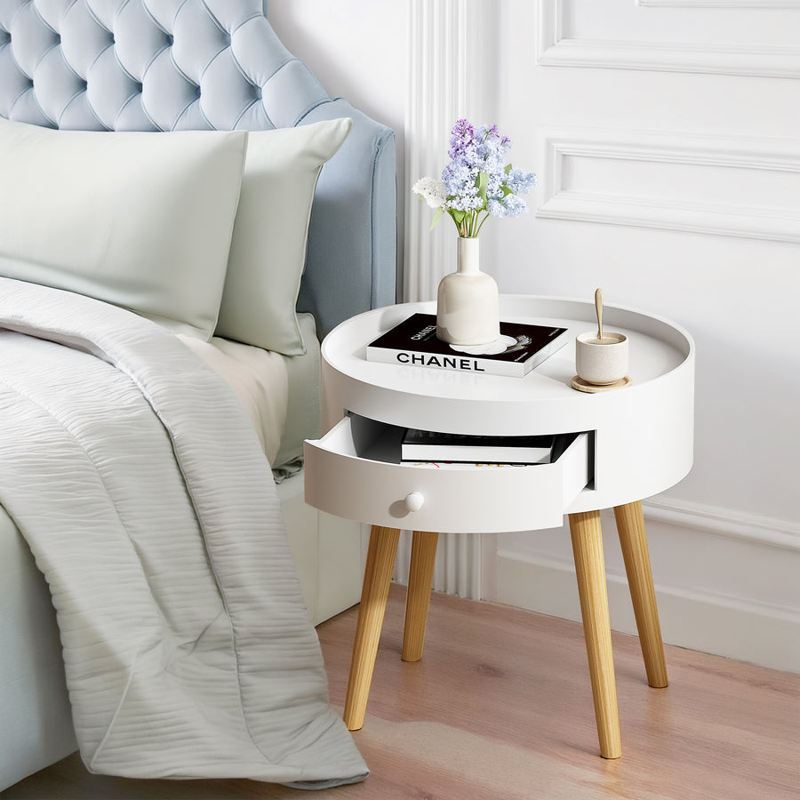 White MDF Nightstand with Wood Legs - detail view 4