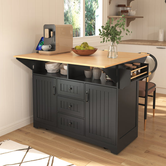 K&k 55.7'' Large Kitchen Island with 2 Drop Leaf - Black - primary color shot