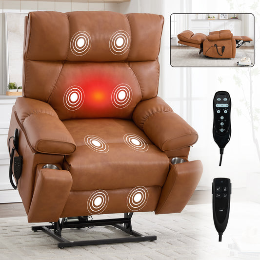 Orange Leatheraire Heat Massage Dual Motor Infinite Position Up to 350 LBS Large Electric Power Lift Recliners with Hidden Cup Holders - primary color shot