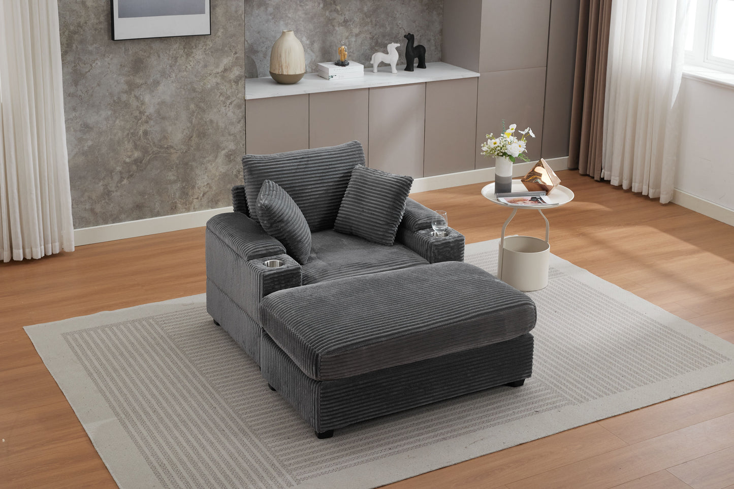 [video/new]corduroy Upholstered Chaise Lounge Sofa with Handrail Storage - Grey - detail view 2