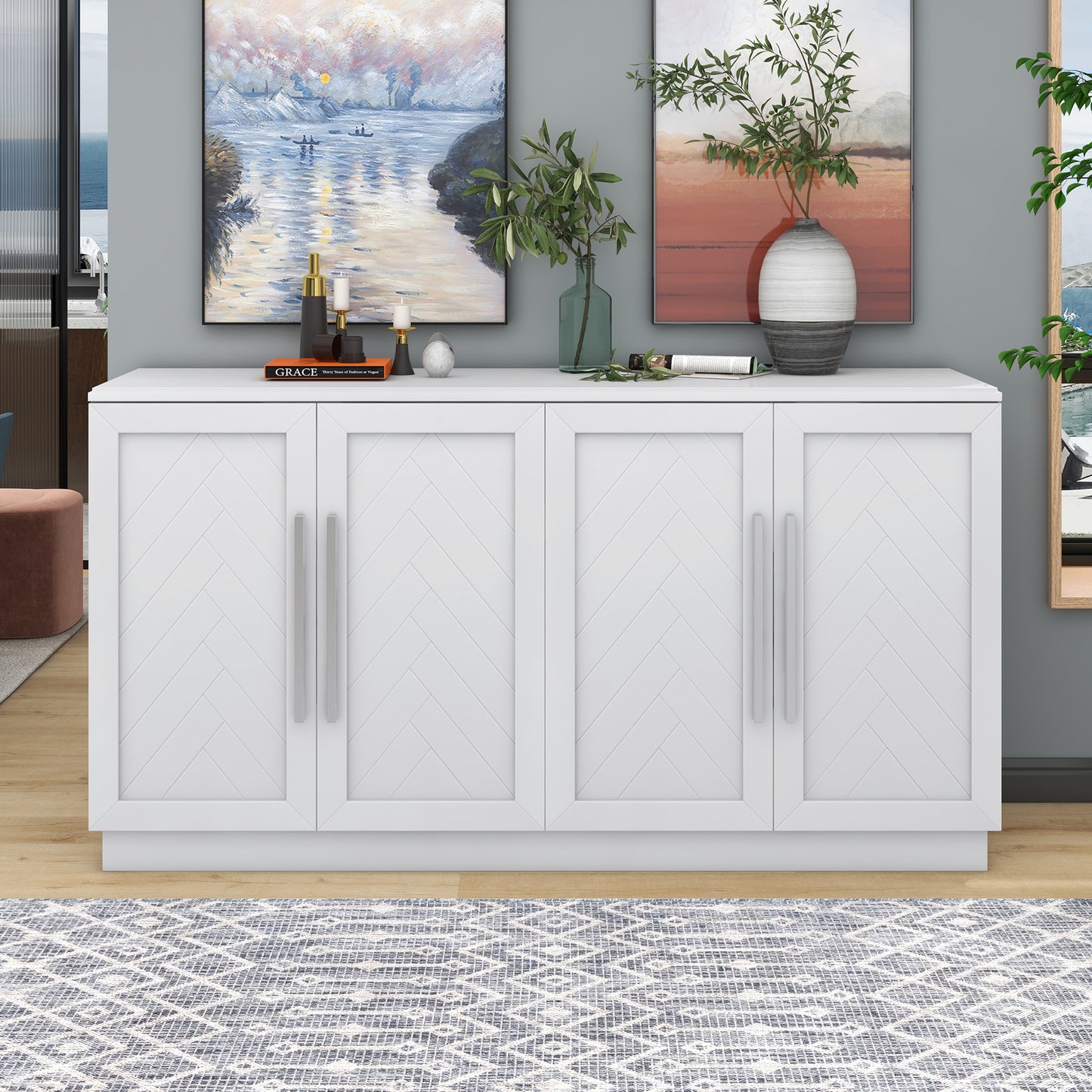 TREXM Sideboard Buffet Cabinet with Storage - White - detail view 3
