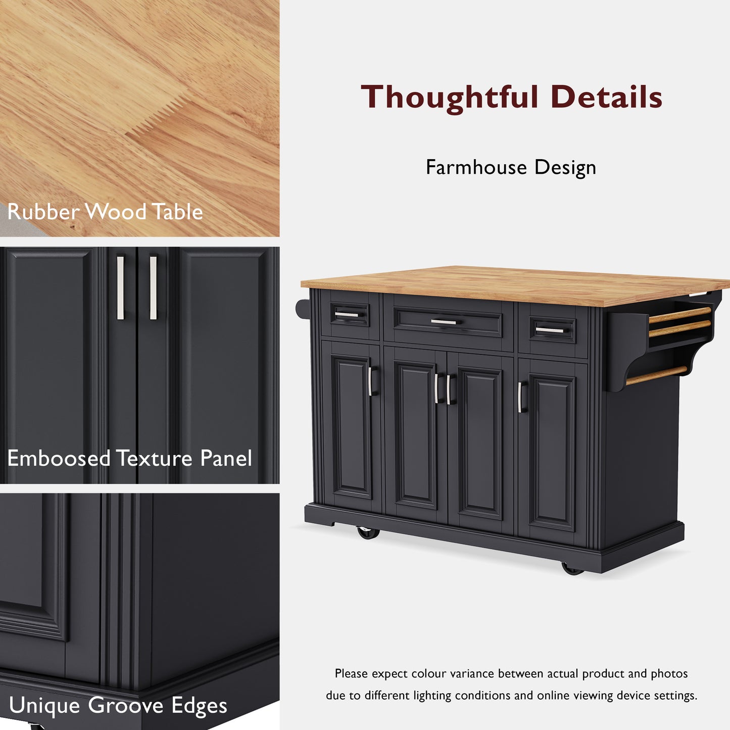 K&k 54" Large Kitchen Island with Rubber Wood Drop Leaf - Black - detail view 7
