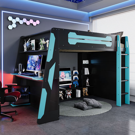 Full Size Wood Loft Bed with Desk - Blue - primary color shot
