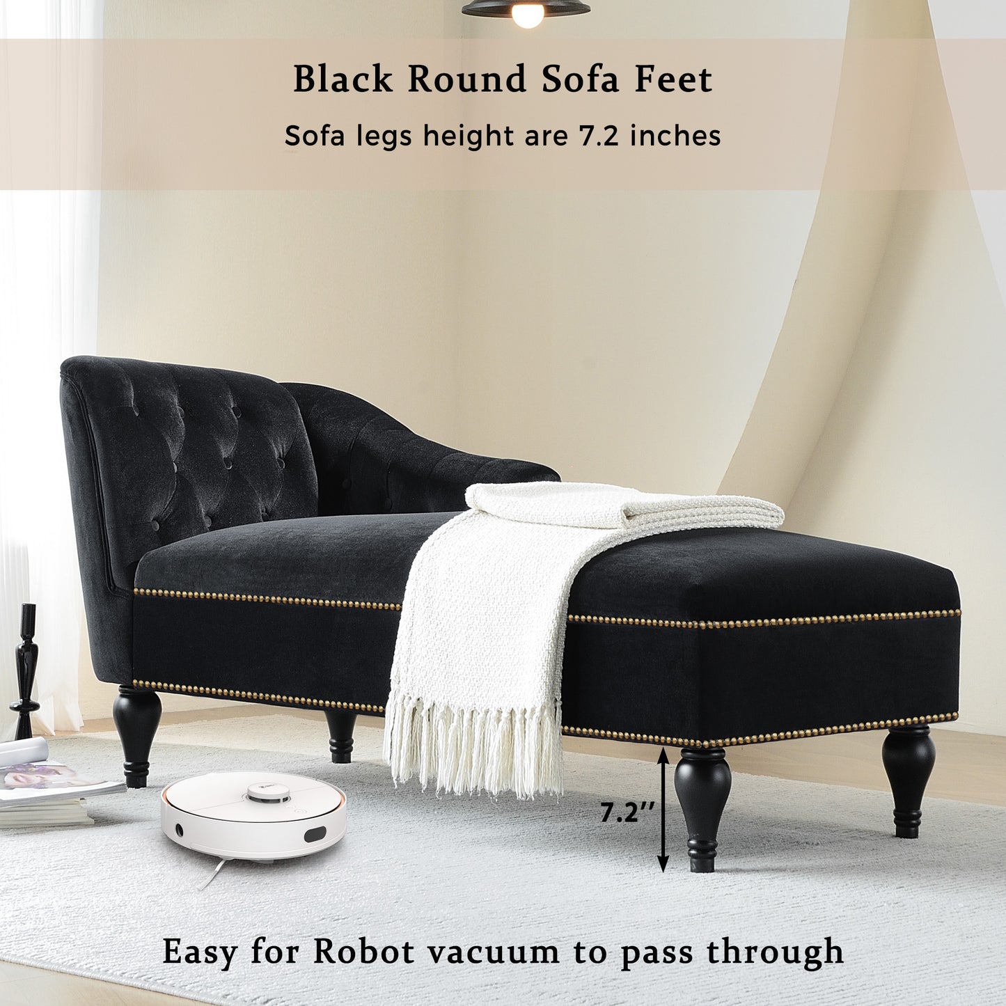[new+video] 58"velvet Chaise Lounge - Black - detail view 5