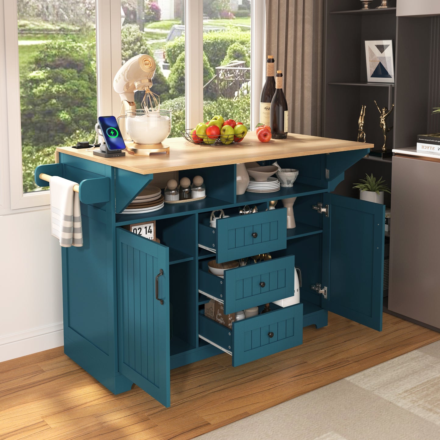 K&k 55.7'' Large Kitchen Island with 2 Drop Leaf - Green - detail view 5