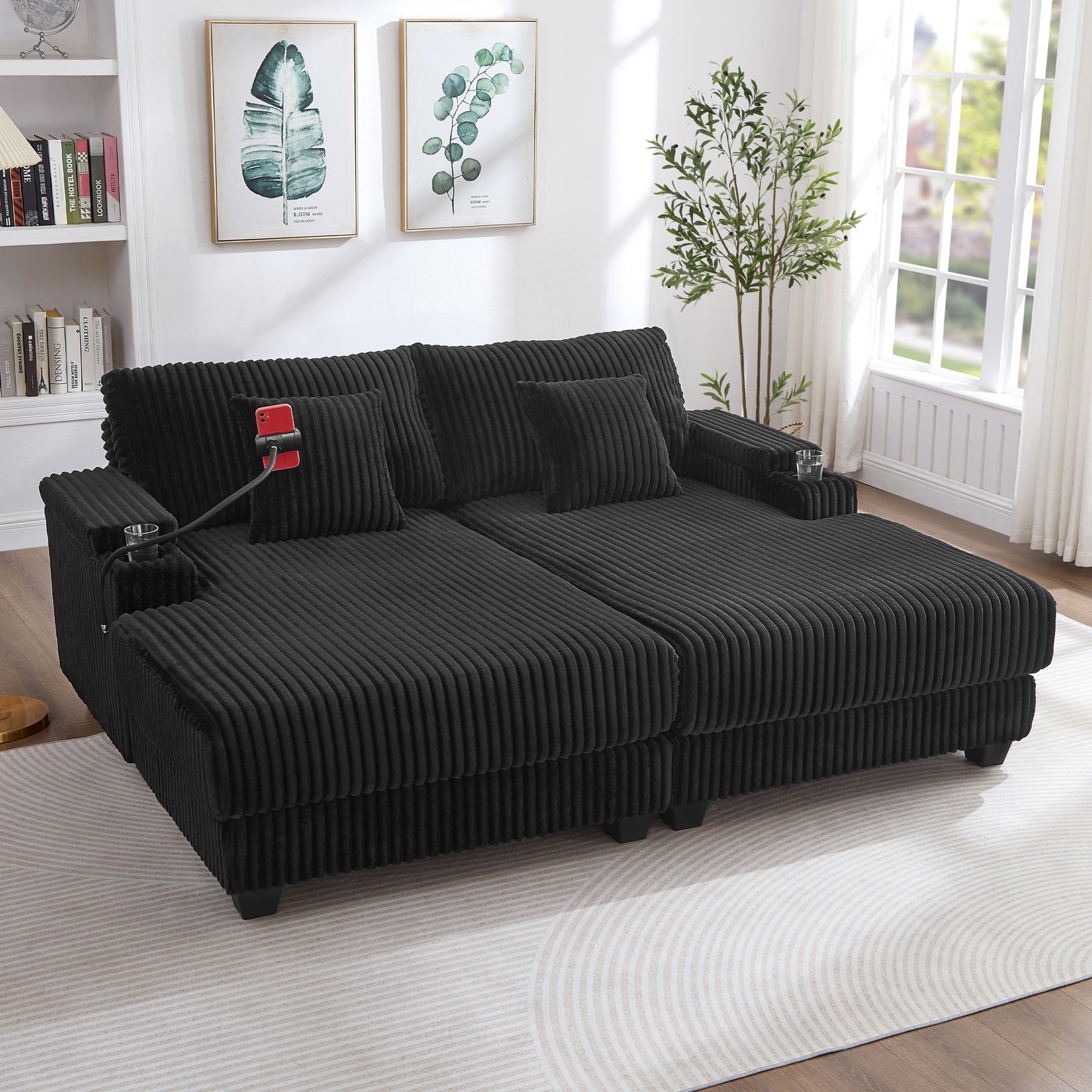 Modern Black Chaise Sofa 75.5' with Adjustable Backrest - detail view 6