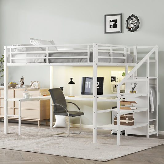 Queen Size Loft Bed with L-Shaped Desk and USB - Off White - primary color shot