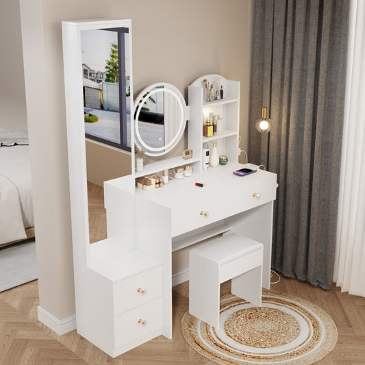 Claudette Bedroom Vanity Set with Full Size & Round Mirror