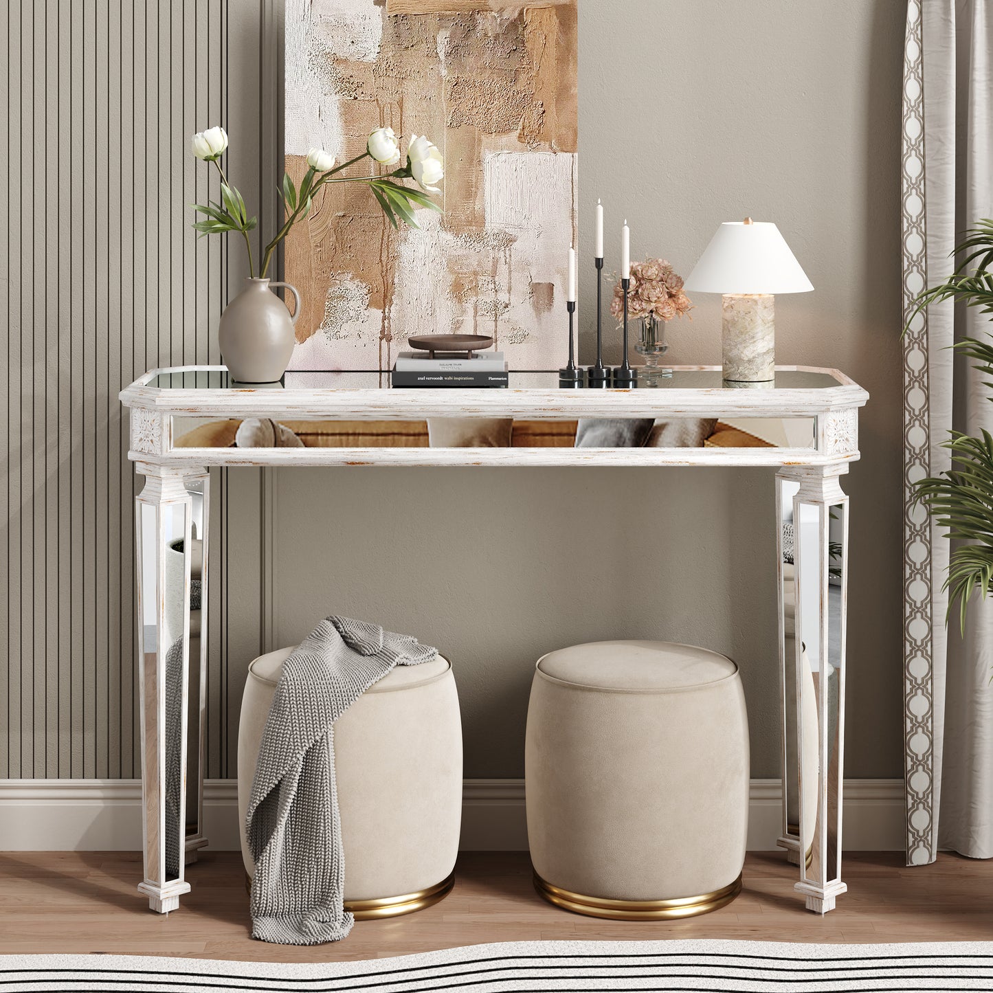 Mirror Effect Accent Cabinet with Wood Carvings