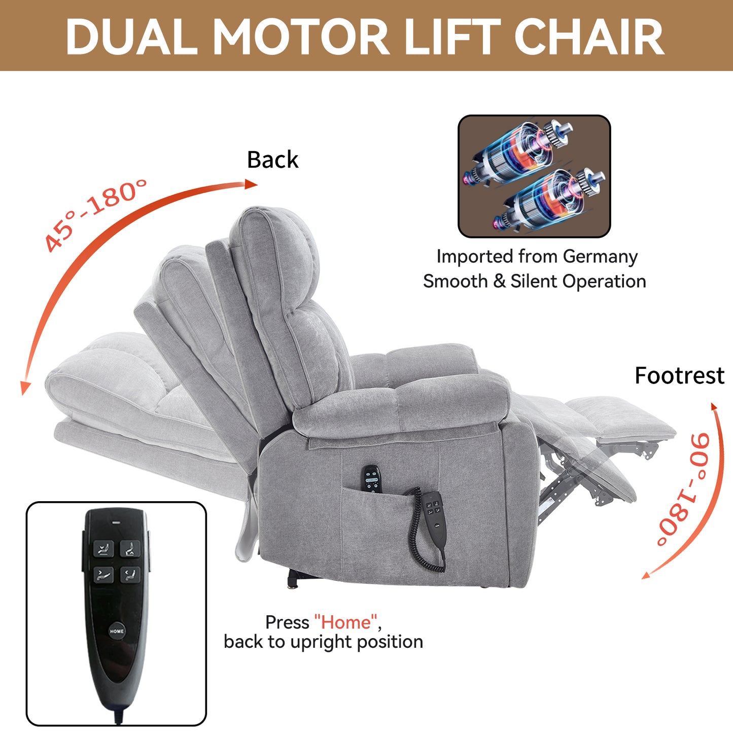 Grey Heat Massage Dual Motor Infinite Position Up to 350 LBS Large Electric Power Lift Recliners with Hidden Cup Holders - Gray - detail view 6