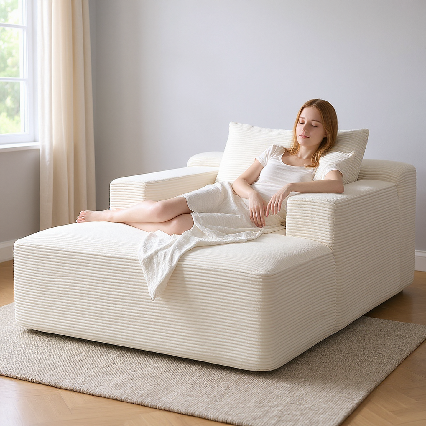 Convertible Chaise Lounge Chair Indoor – Oversized Corduroy Couch with Wide Armrest & Throw Pillows - Beige - detail view 6