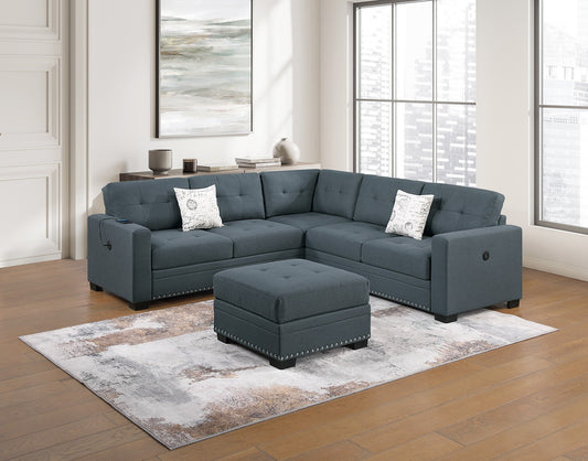 Casual Simple Tufted Couch Living Room Sectional 4pc Set Dark Gray Fabric Upholstered RAF/LAF One-Arm Loveseat Wedge Ottoman - primary color shot