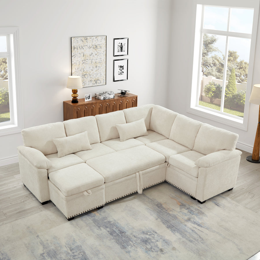 97 Inch L-Shaped Corner Sectional Sofa Couch Storage Ottoman,Chenille Fabric Couch with 7 Seats & 2 Pillows for Living Room, Modern, Small - primary color shot