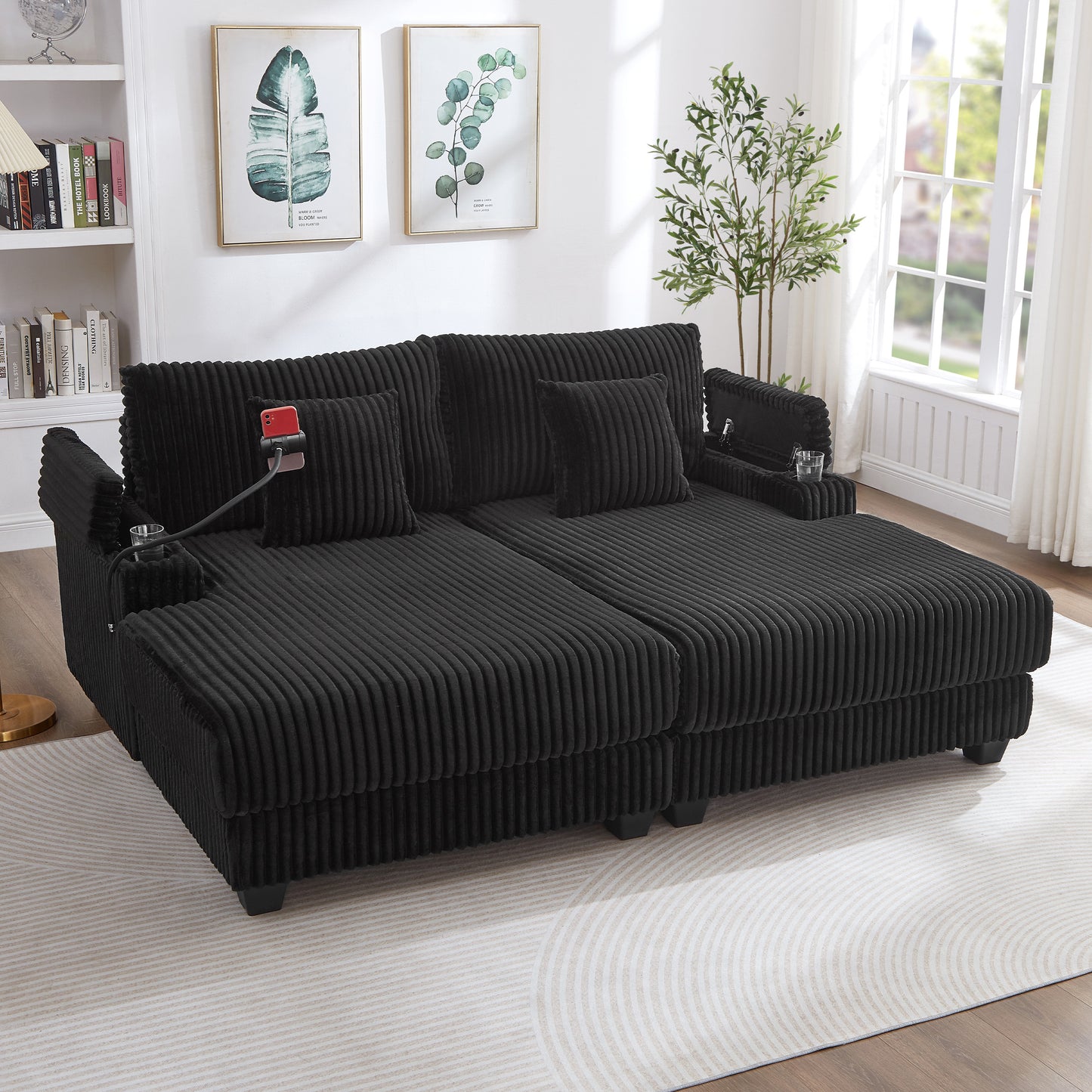 Modern Black Chaise Sofa 75.5' with Adjustable Backrest - detail view 2
