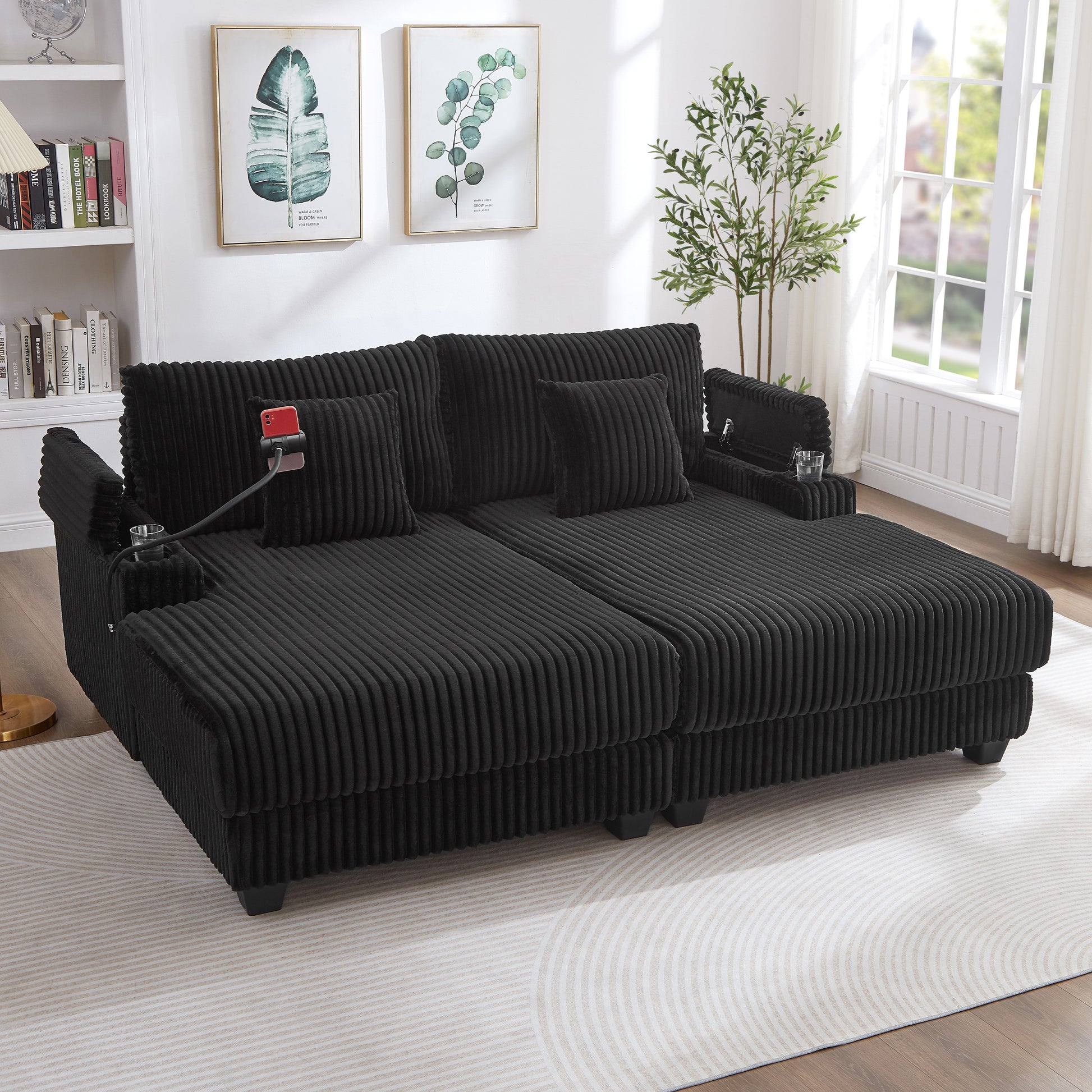 Modern Black Chaise Sofa 75.5' with Adjustable Backrest - detail view 2