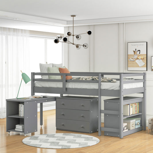 Low Study Twin Loft Bed with Cabinet and Rolling Portable Desk - Gray - primary color shot