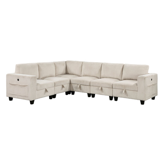6-Piece Modular Sectional with Storage Seats, Side Pockets, Charging Ports Beige Corduroy Fabric Modern Living Room Sectional Couch Solid Wood Furniture - detail view 2