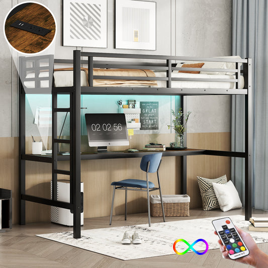 Metal Twin XL Size Loft Bed with Power Outlet and LED Lighted - Black - primary color shot
