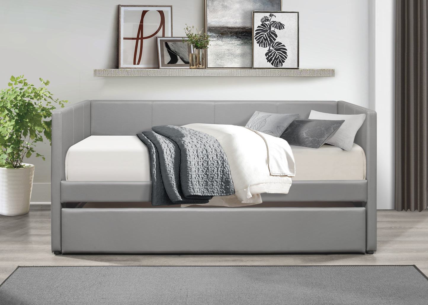 Laken Gray Faux Leather Contemporary Daybed with Trundle
