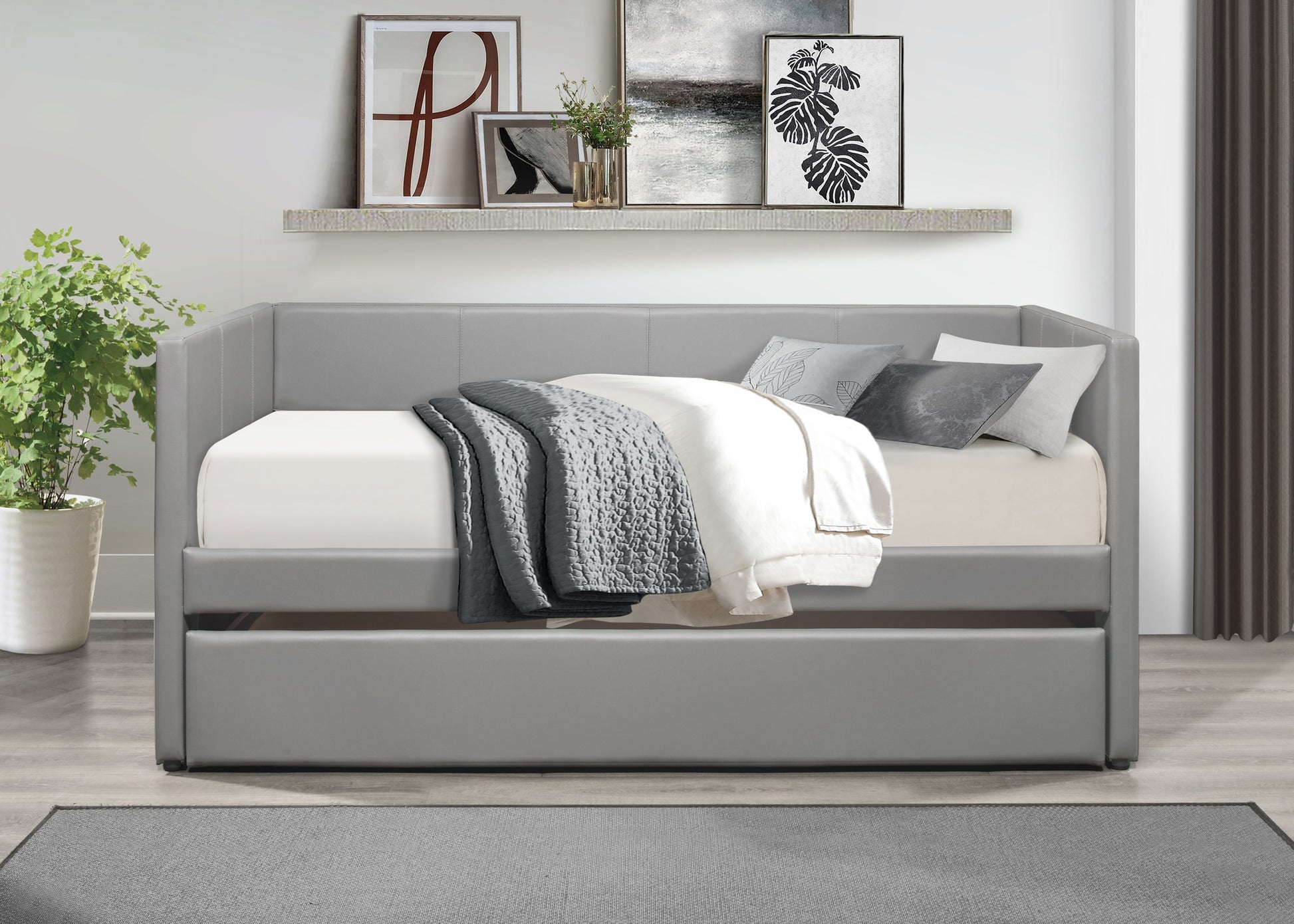 Laken Gray Faux Leather Contemporary Daybed with Trundle