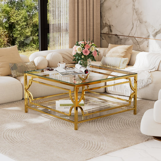Square Glass Coffee Table in 33.5',Luxurious Geometric Metal Frame,Gold Finish & Lower Shelf