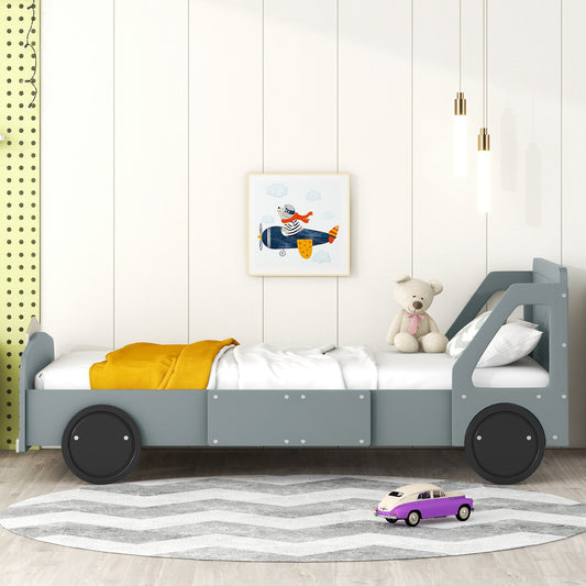 Timmy Twin Size Car-Shaped Platform Bed with Wheels,Gray