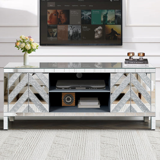 Grey/Silver Smoke Mirror TV Stand with Diamond Inlays