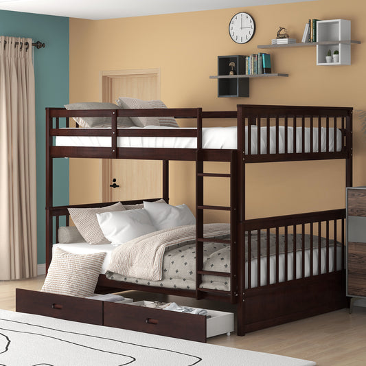 Full-Over-Full Bunk Bed with Ladders and Two Storage Drawers Espresso