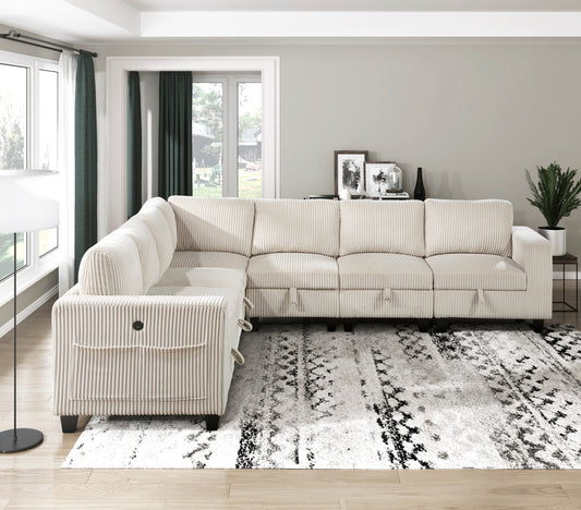 7-Piece Modular Sectional with Storage Seats, Side Pockets, Charging Ports Beige Corduroy Fabric Modern Living Room Sectional Couch Solid Wood Furniture - detail view 2