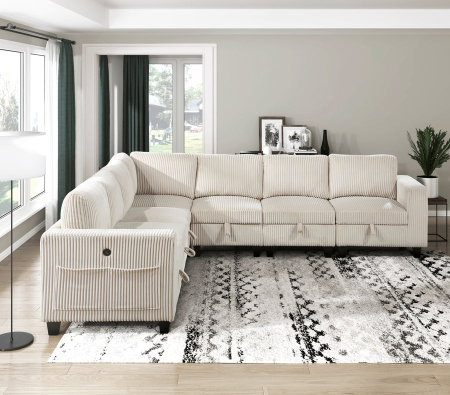 7-Piece Modular Sectional with Storage Seats, Side Pockets, Charging Ports Beige Corduroy Fabric Modern Living Room Sectional Couch Solid Wood Furniture - detail view 2
