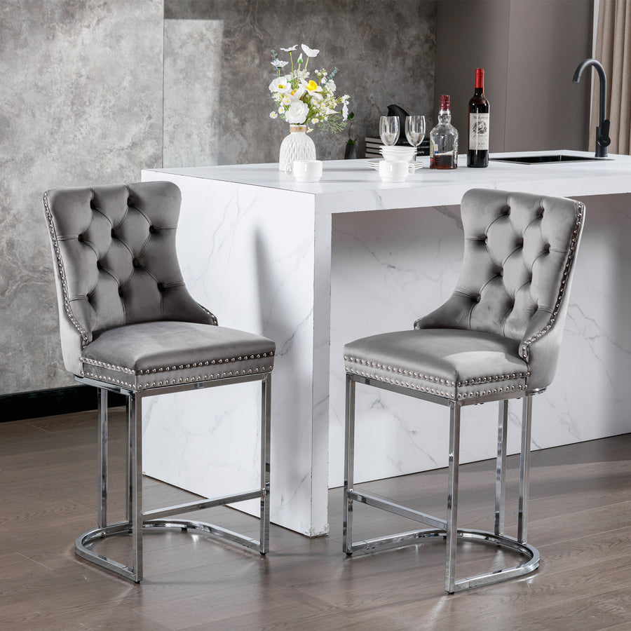 Gray Velvet Tufted Counter Height Stool with Silver Legs (Set of 2)