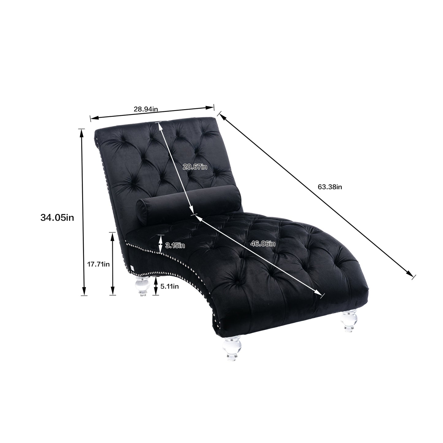 Black Velvet Tufted Chaise Lounge with Black Legs - detail view 3