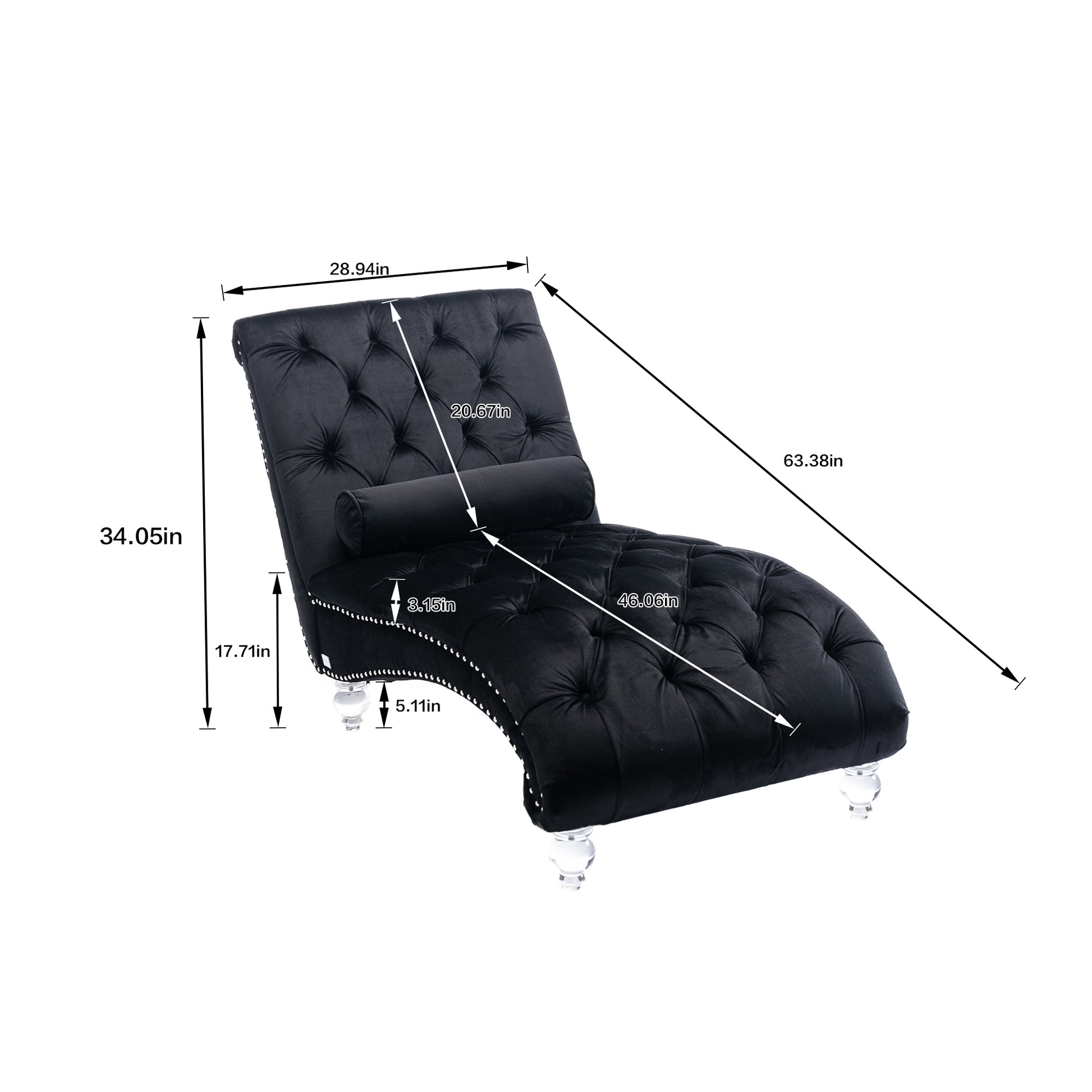 Black Velvet Tufted Chaise Lounge with Black Legs - detail view 3