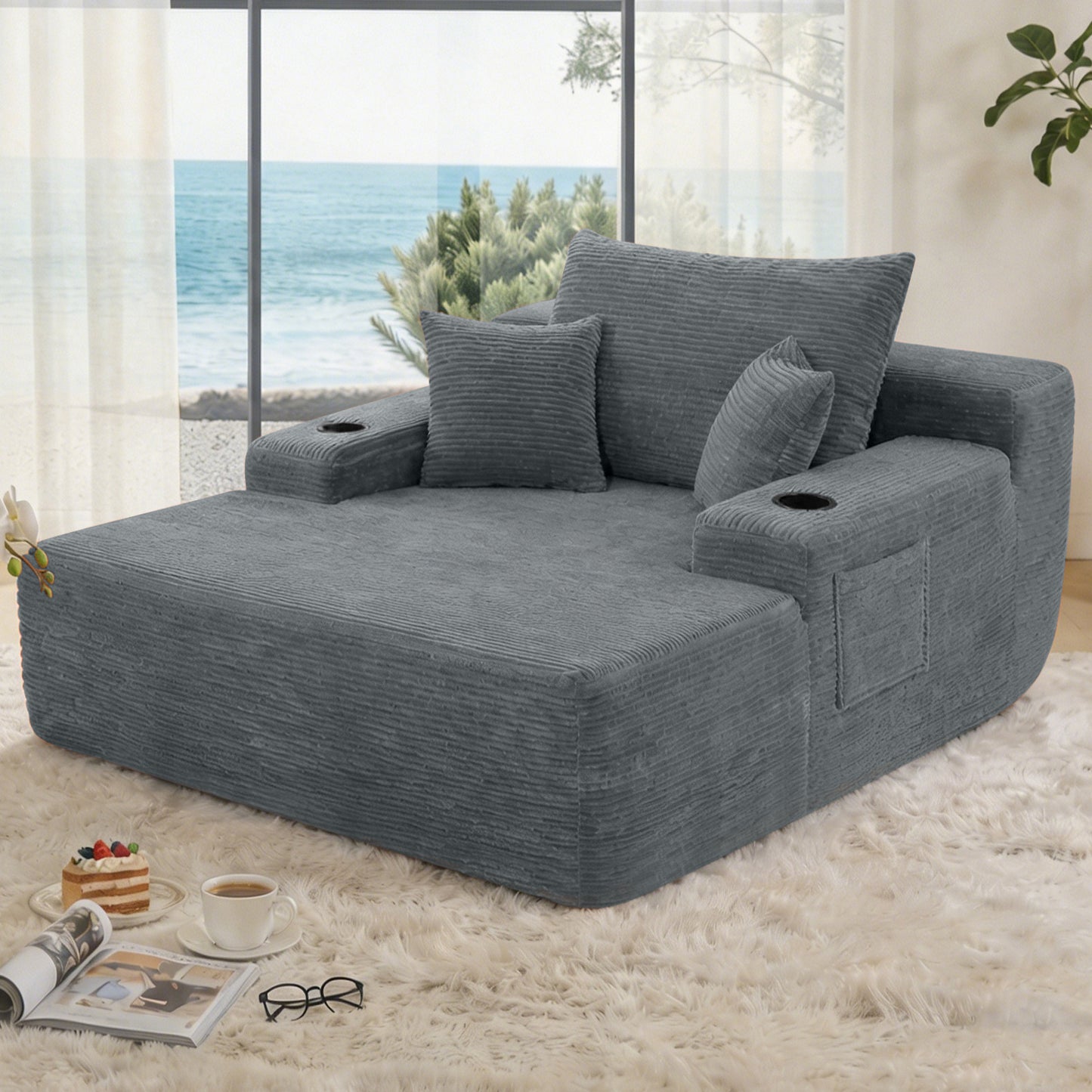 NEW Convertible Chaise Lounge Chair Corduroy with Wide Armrest & Throw Pillows - Grey - detail view 3
