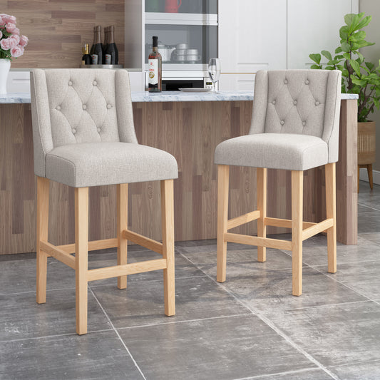 Vienna Contemporary Fabric Tufted Wingback 31 Inch Bar Stools, Set of 2, Light Grey and Natural