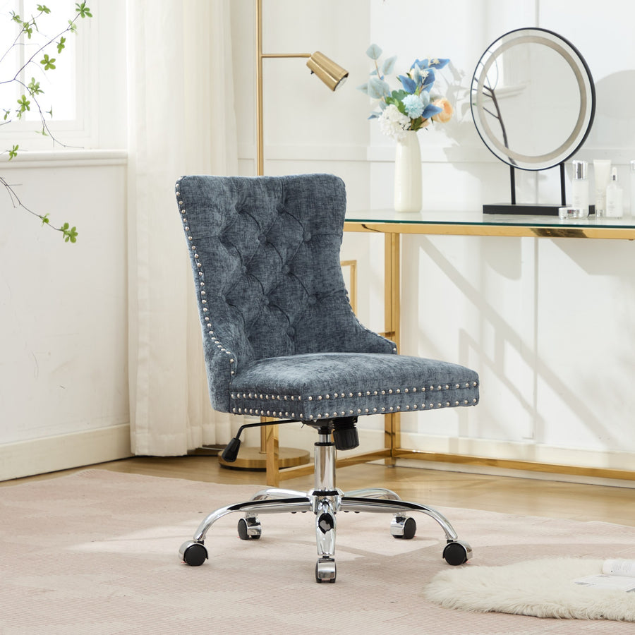 Light Blue Chenille Tufted Nailhead Trim Office Chair with Silver Legs