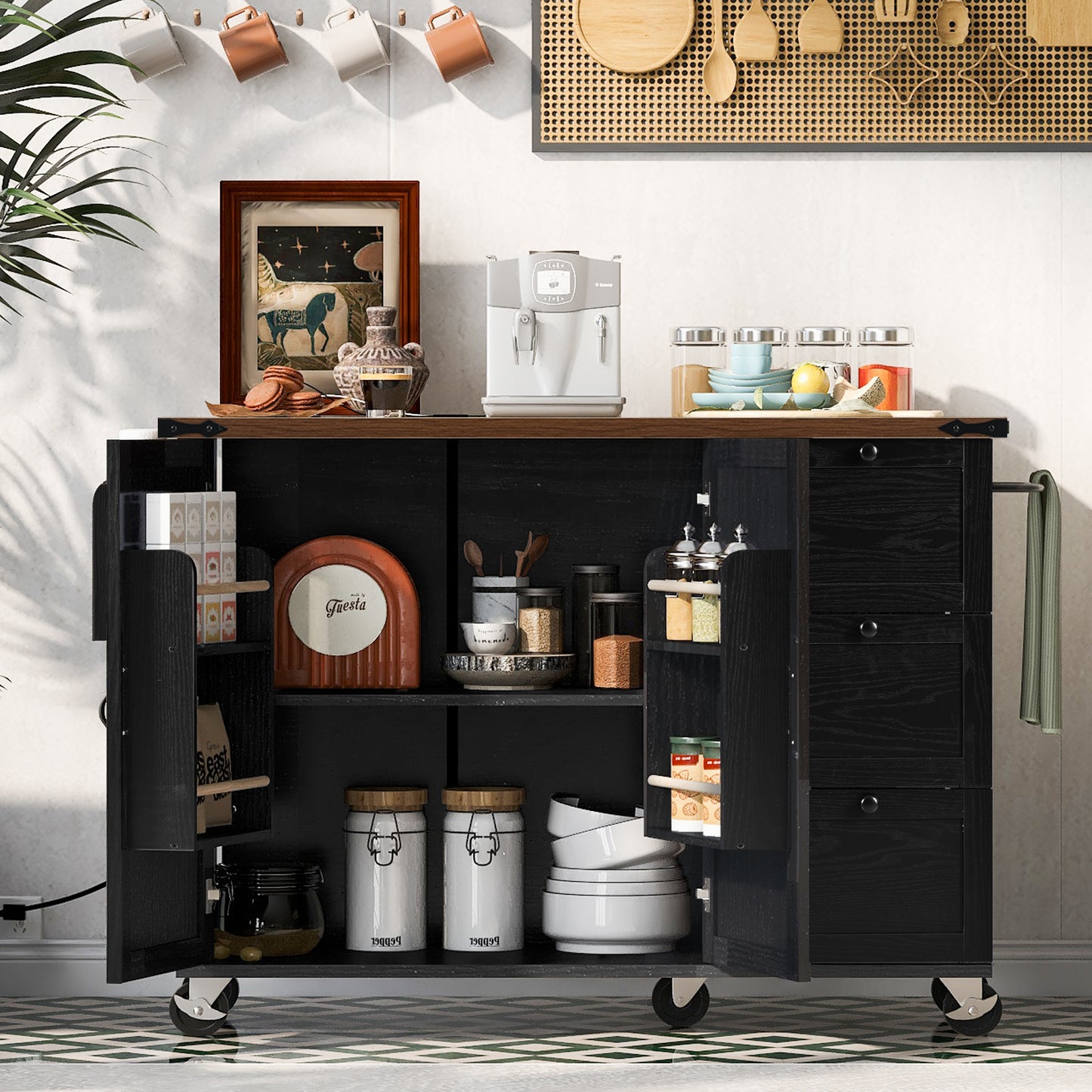 K&k 54.5' Farmhouse Kitchen Island with Power Outlet - Black - detail view 4