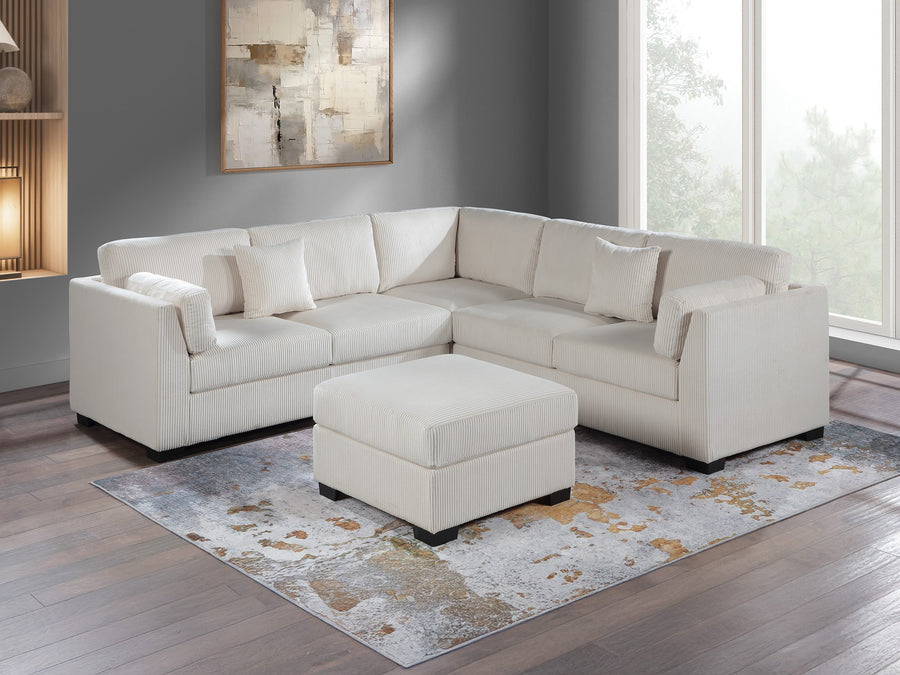 L-Sectional RAF/LAF One Arm-Loveseat Corner Wedge Cocktail Ottoman Beige Corduroy Upholstered Pillows 4pc Sectional Sofa Set - primary color shot