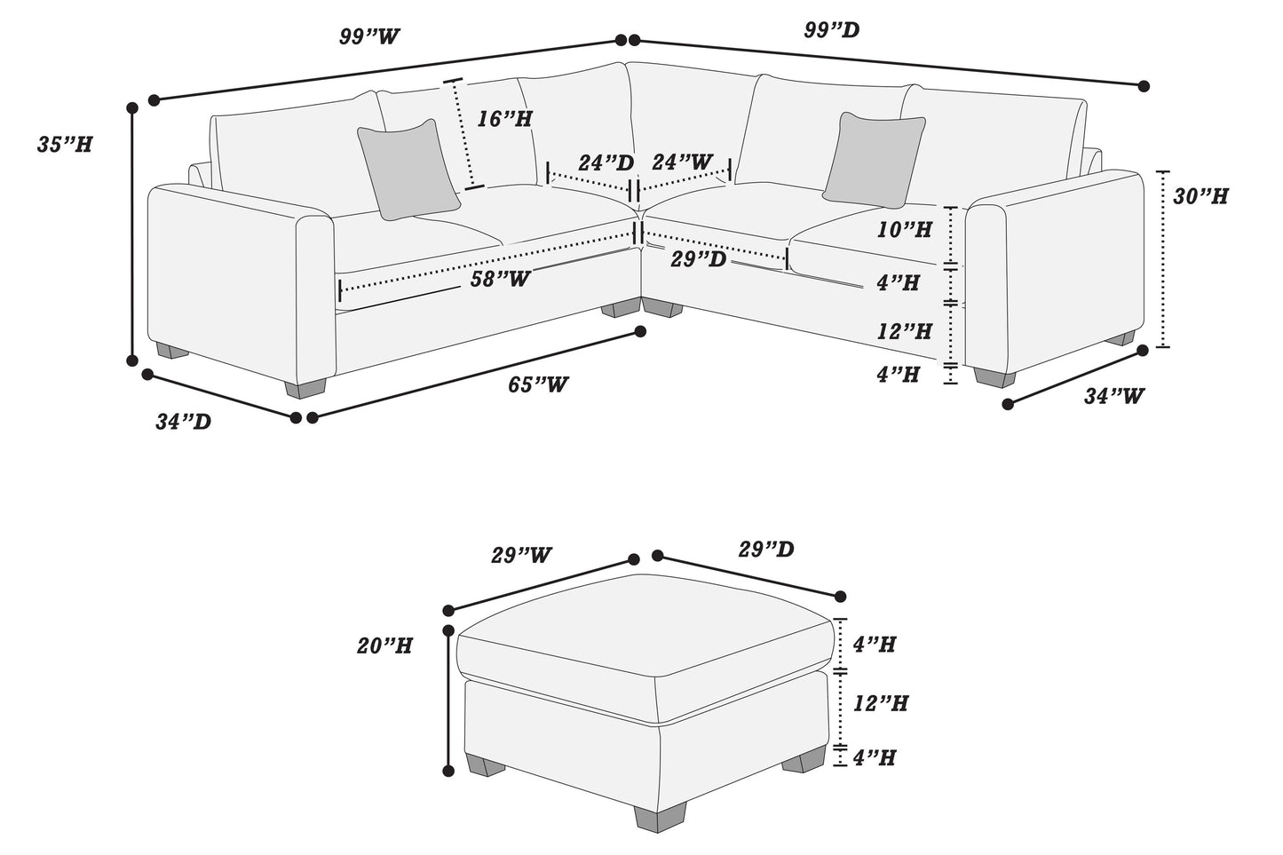 Modern Style L-Shaped 4pc Sectional Set Cocktail Ottoman Square Arms Throw Pillow Corduroy Upholstered Black Finish Primary Living Room - detail view 6